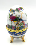 Vintage Hand-Painted Porcelain Egg Trinket Box With Feet Bird & Floral Design Gold Trim Hinged Lid
