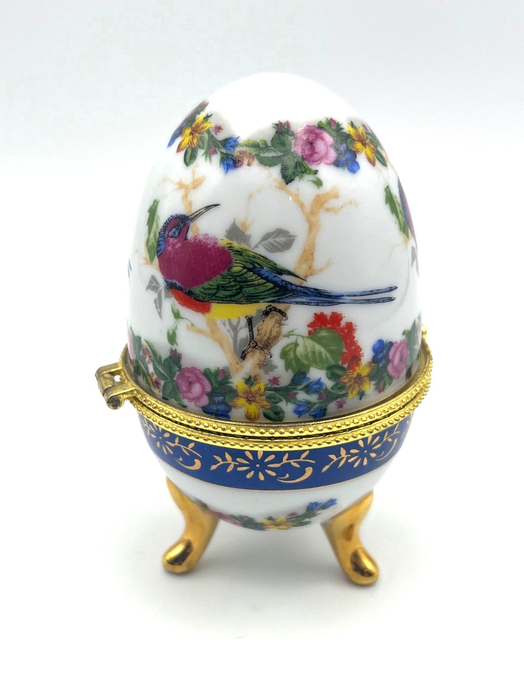 Vintage Hand-Painted Porcelain Egg Trinket Box With Feet Bird & Floral Design Gold Trim Hinged Lid