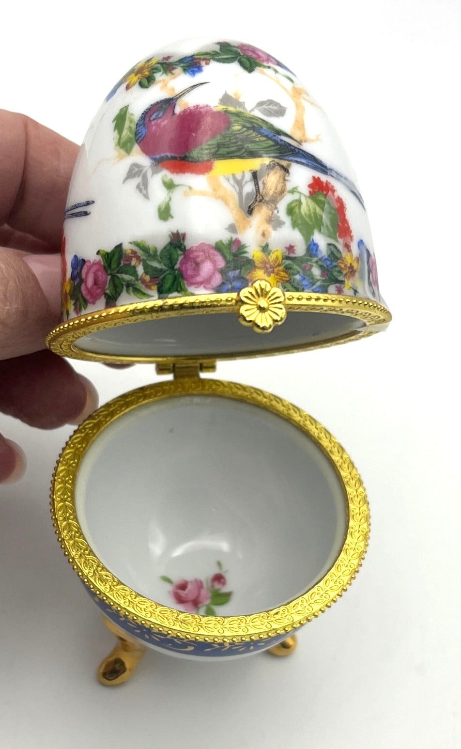 Vintage Hand-Painted Porcelain Egg Trinket Box With Feet Bird & Floral Design Gold Trim Hinged Lid