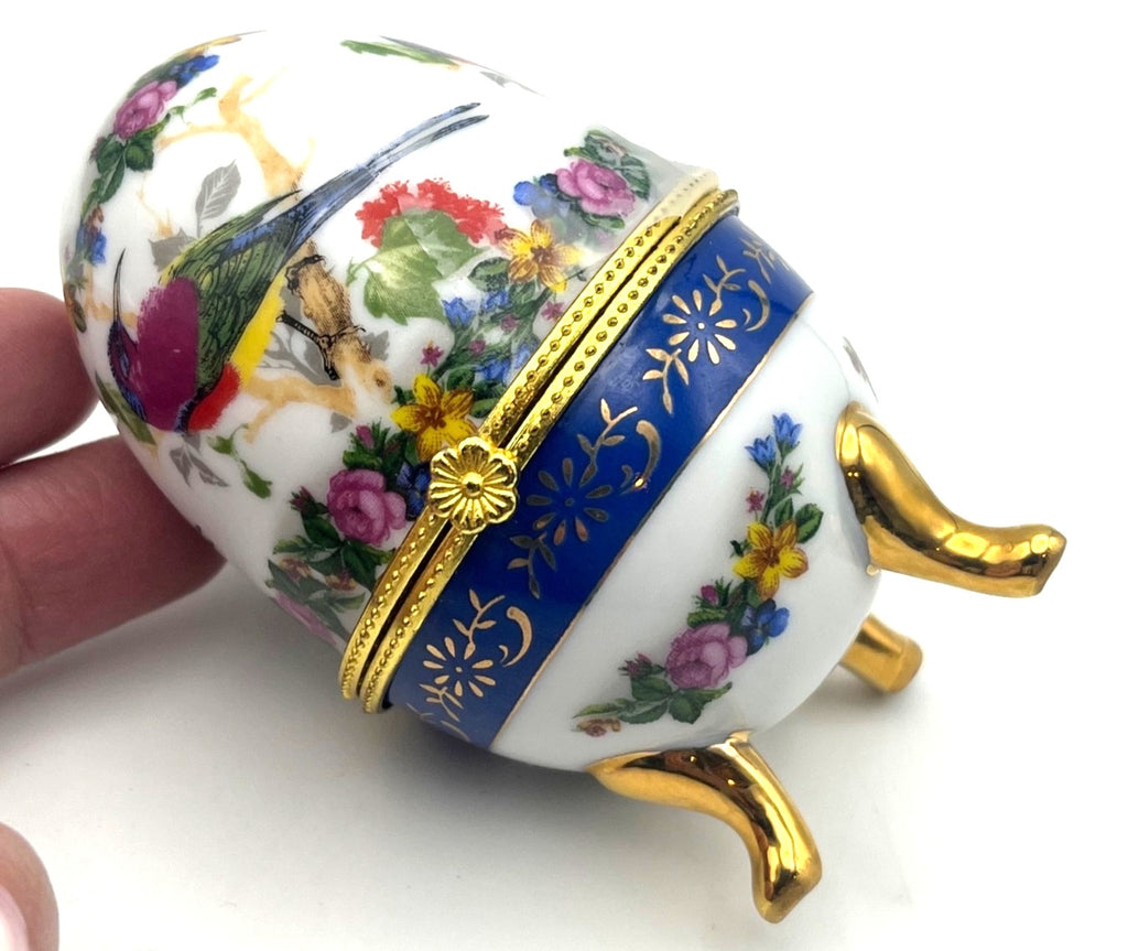 Vintage Hand-Painted Porcelain Egg Trinket Box With Feet Bird & Floral Design Gold Trim Hinged Lid