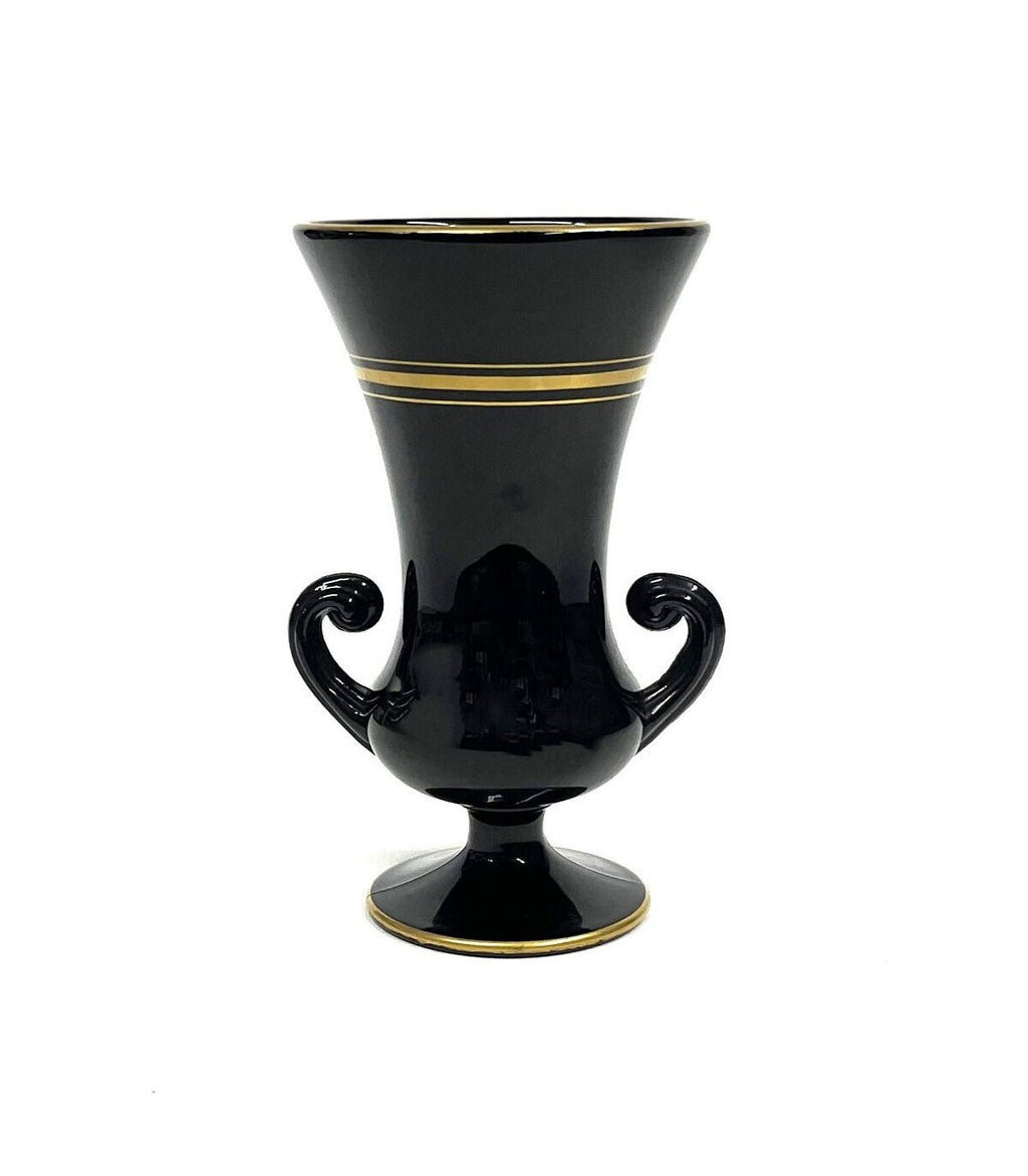 Rare Antique Gold Striped Tiffin Black Double Handle Pedestal Urn Vase 6" x 10" tall
