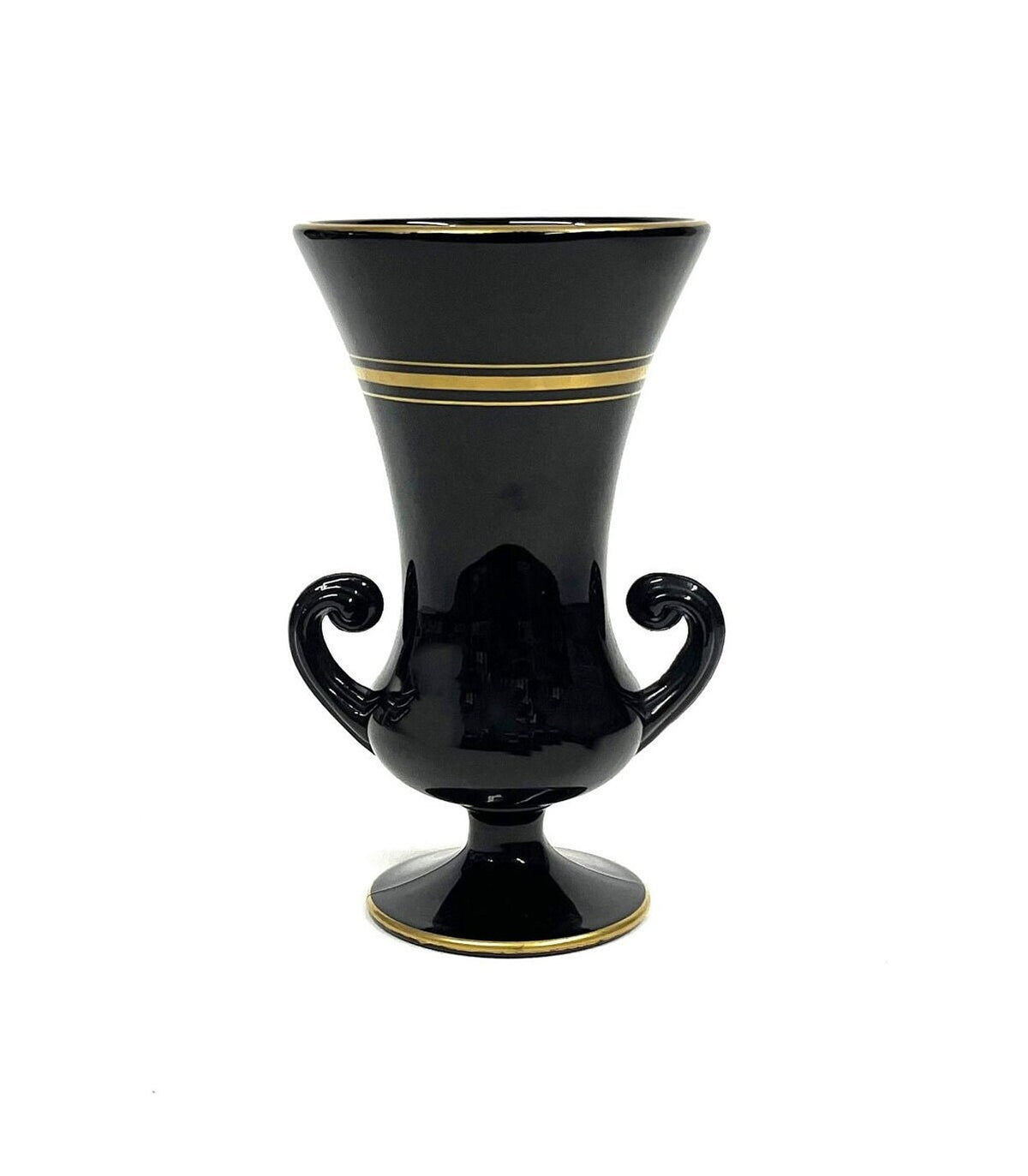 Rare Antique Gold Striped Tiffin Black Double Handle Pedestal Urn Vase 6" x 10" tall