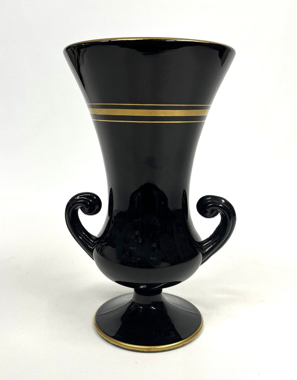 Rare Antique Gold Striped Tiffin Black Double Handle Pedestal Urn Vase 6" x 10" tall