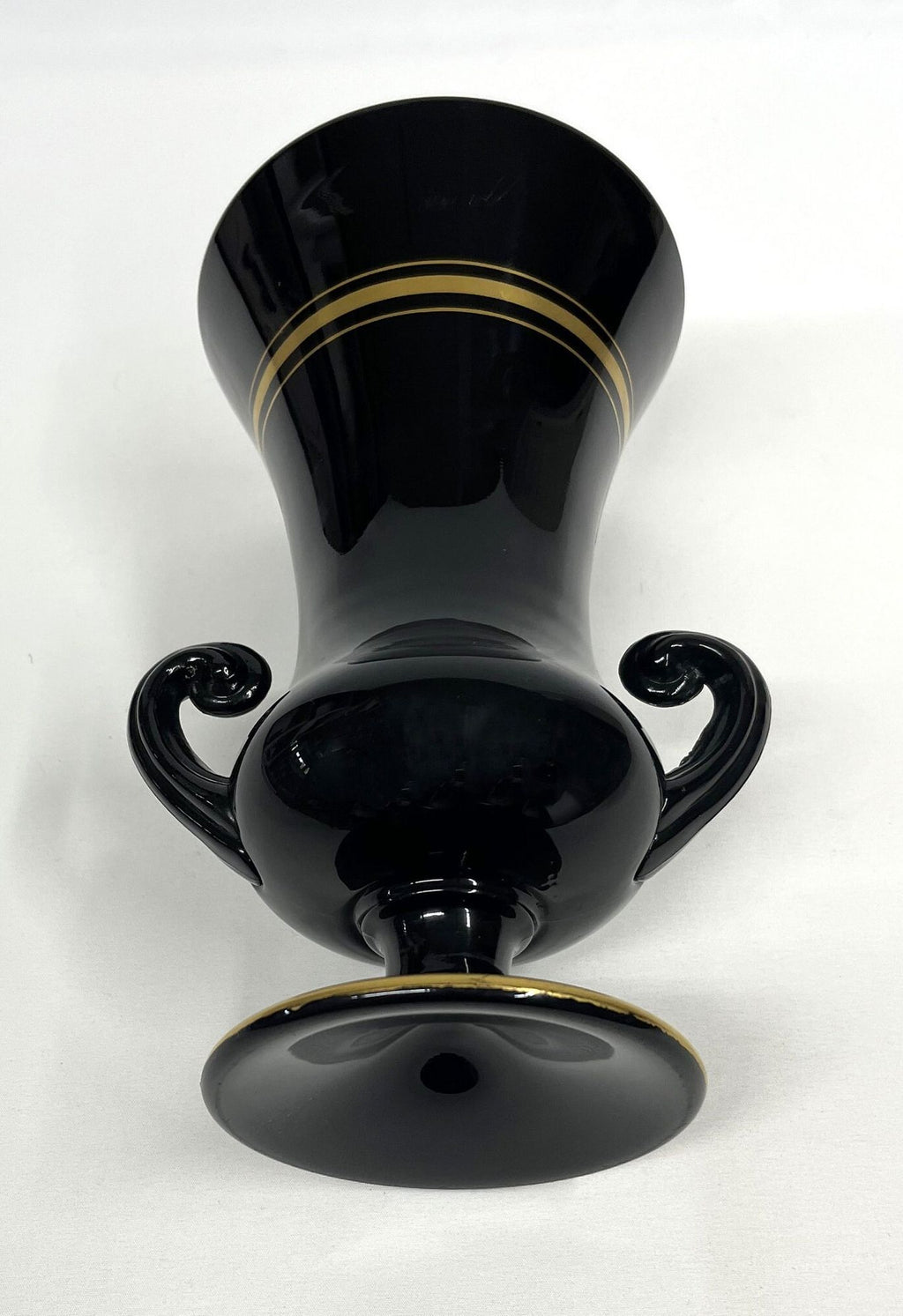 Rare Antique Gold Striped Tiffin Black Double Handle Pedestal Urn Vase 6" x 10" tall