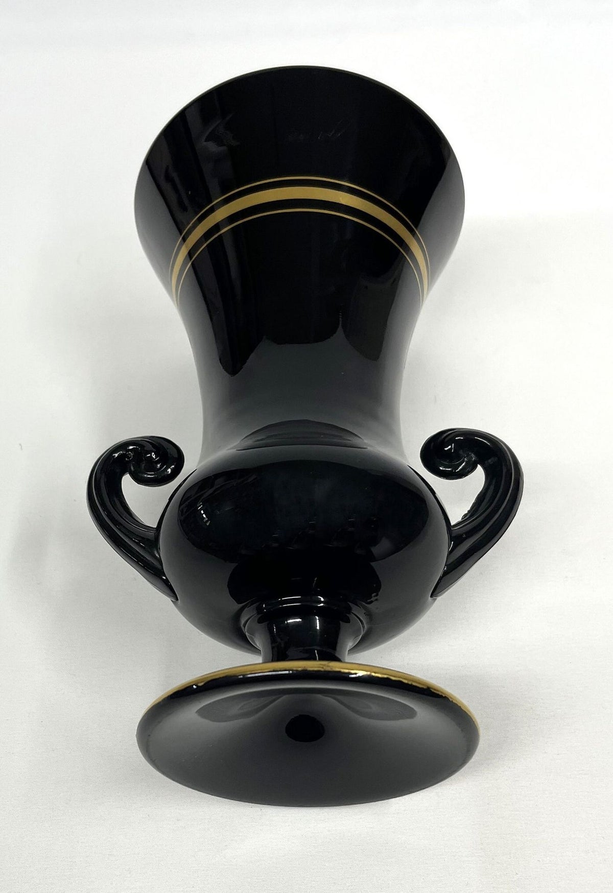 Rare Antique Gold Striped Tiffin Black Double Handle Pedestal Urn Vase 6" x 10" tall