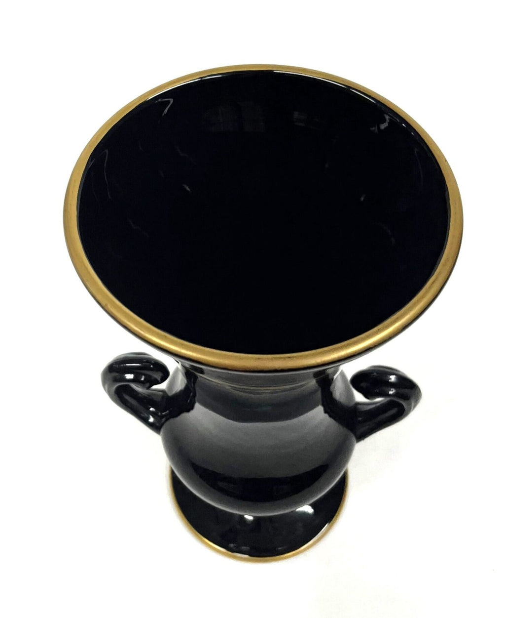 Rare Antique Gold Striped Tiffin Black Double Handle Pedestal Urn Vase 6" x 10" tall
