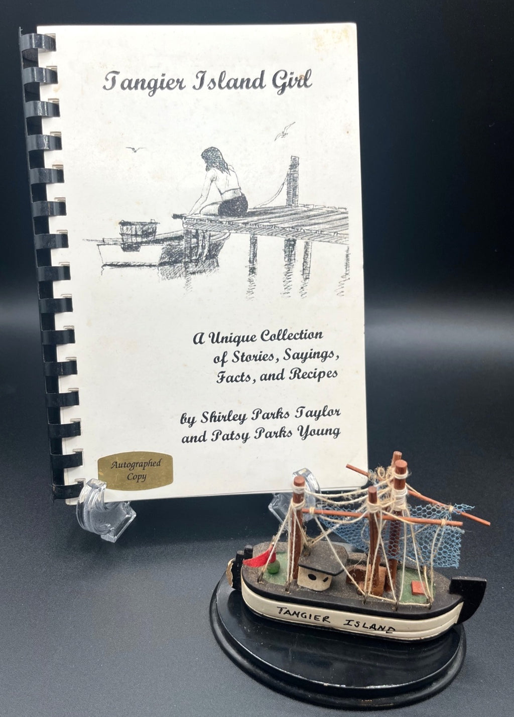 Tangier Island Girl Autographed Book By Shirley Taylor & Patsy Young With Small Wooden Model Boat Display