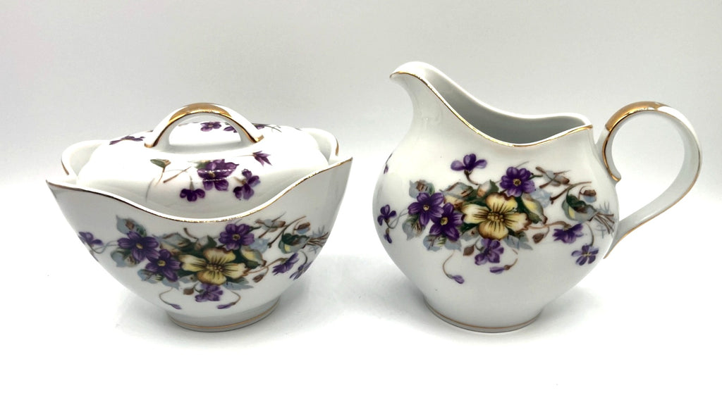 Vintage Norleans China Adele Creamer & Sugar Set With Purple Wild Violets Floral Design & Gold Trim
