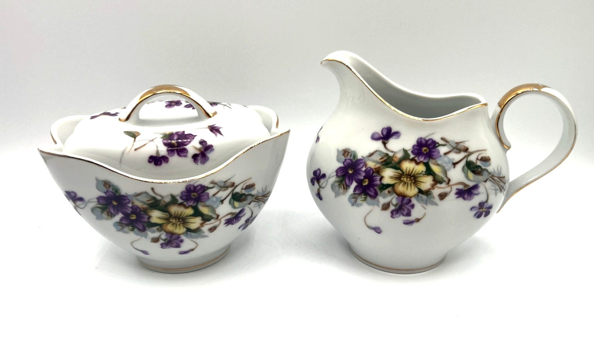 Vintage Norleans China Adele Creamer & Sugar Set With Purple Wild Violets Floral Design & Gold Trim