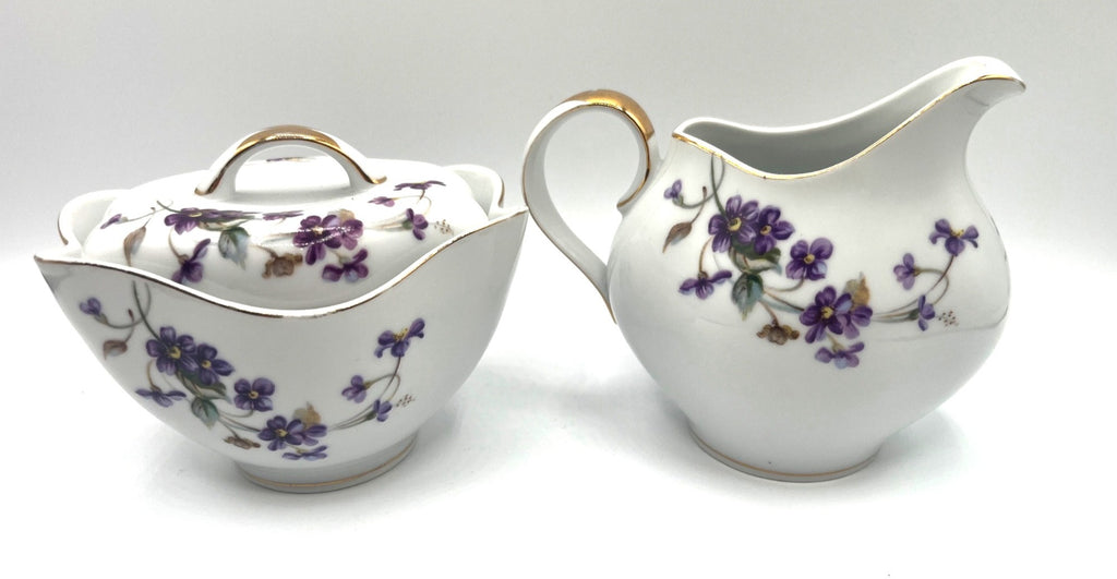 Vintage Norleans China Adele Creamer & Sugar Set With Purple Wild Violets Floral Design & Gold Trim