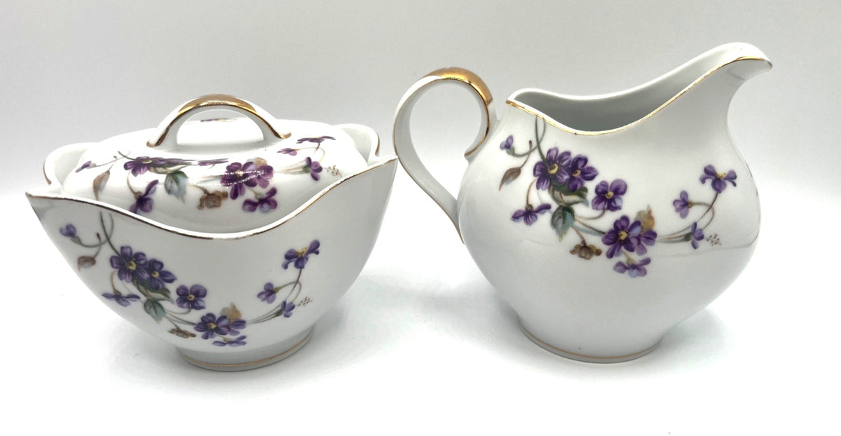 Vintage Norleans China Adele Creamer & Sugar Set With Purple Wild Violets Floral Design & Gold Trim