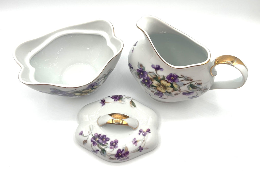 Vintage Norleans China Adele Creamer & Sugar Set With Purple Wild Violets Floral Design & Gold Trim