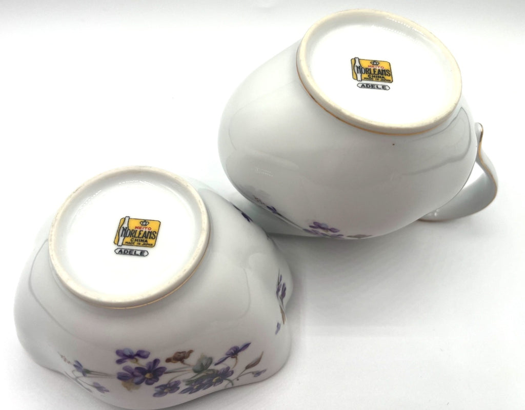 Vintage Norleans China Adele Creamer & Sugar Set With Purple Wild Violets Floral Design & Gold Trim
