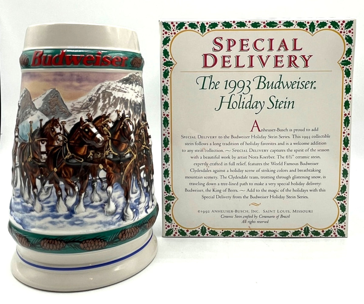 1993 Budweiser Holiday Stein Special Delivery By Nora Koerber W/ Box & Certificate of Authenticity Ceramic Beer Mug Collectible