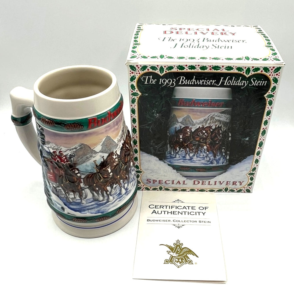 1993 Budweiser Holiday Stein Special Delivery By Nora Koerber W/ Box & Certificate of Authenticity Ceramic Beer Mug Collectible