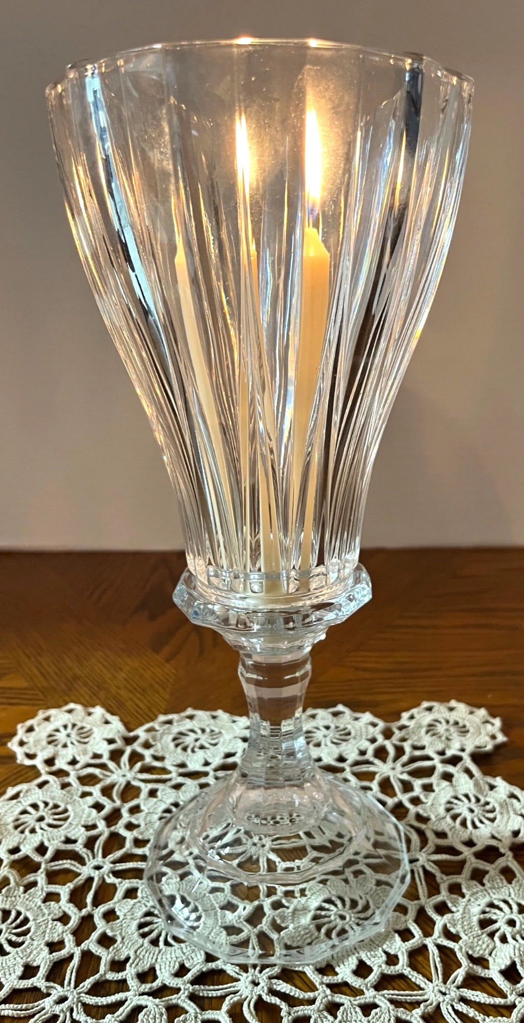 St. George Lead Crystal 2 pc Hurricane Candle Holder  12" high, 5" diameter