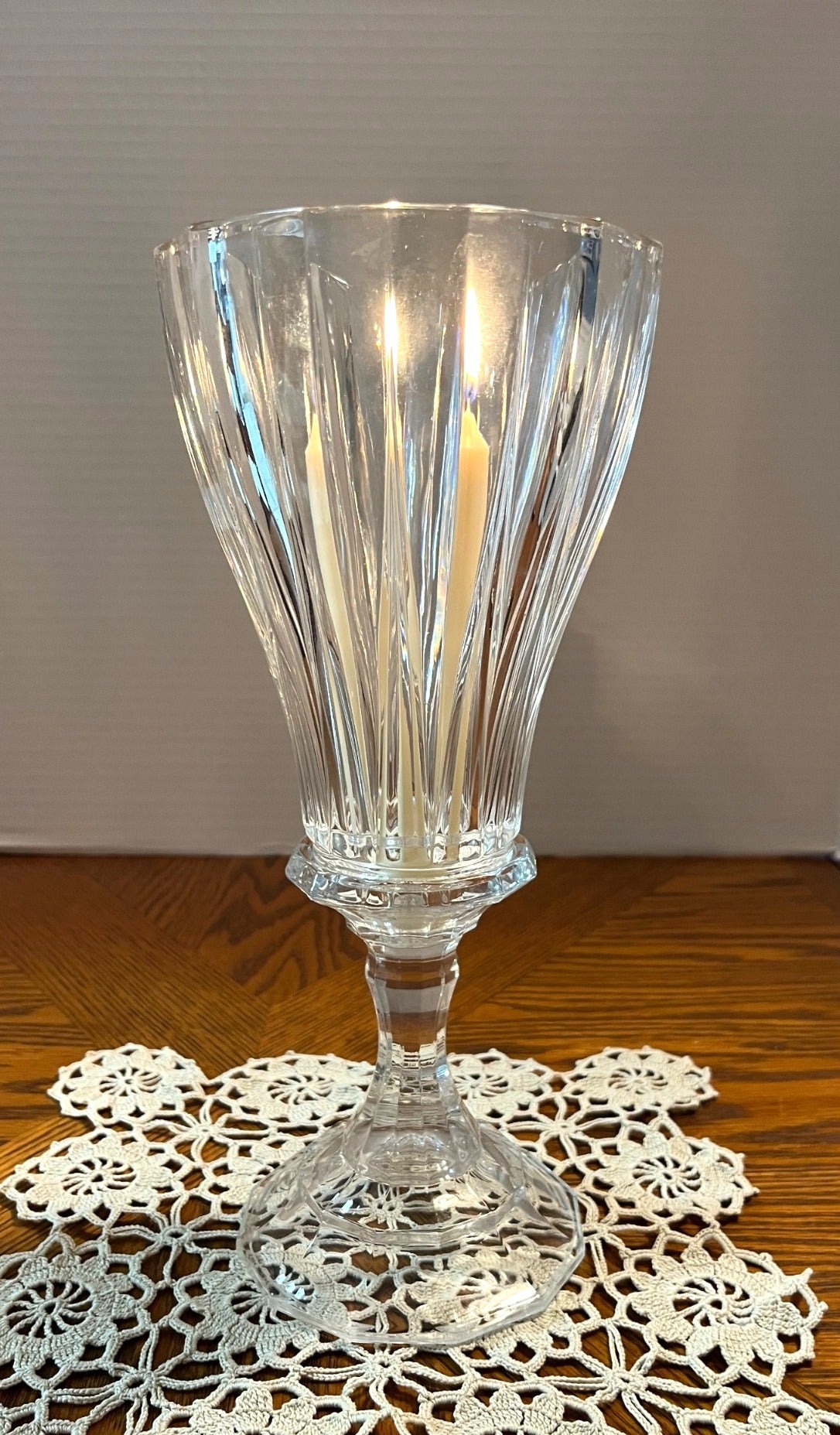 St. George Lead Crystal 2 pc Hurricane Candle Holder  12" high, 5" diameter