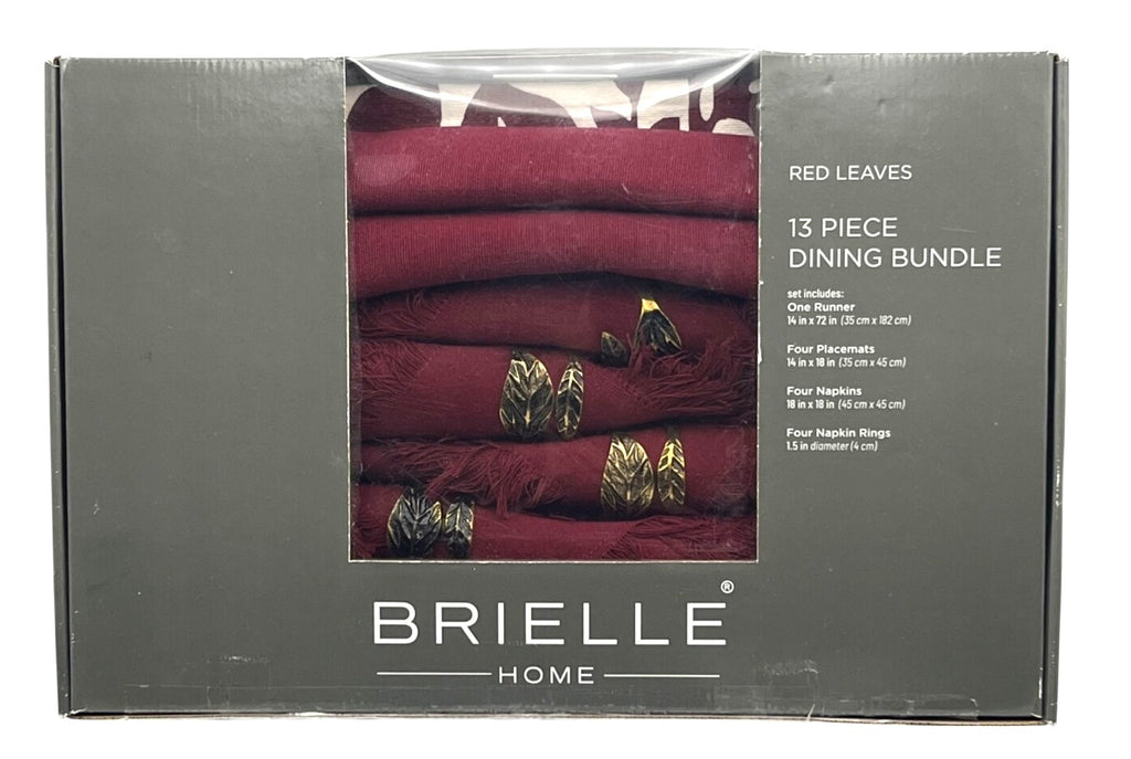 Brielle Home Red Leaves 13-Piece Dining Bundle With Burgundy and White Cotton Runner Placemats Napkins & Brass Rings