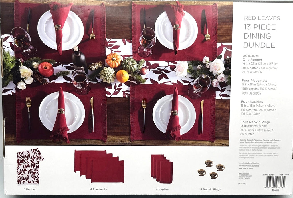 Brielle Home Red Leaves 13-Piece Dining Bundle With Burgundy and White Cotton Runner Placemats Napkins & Brass Rings