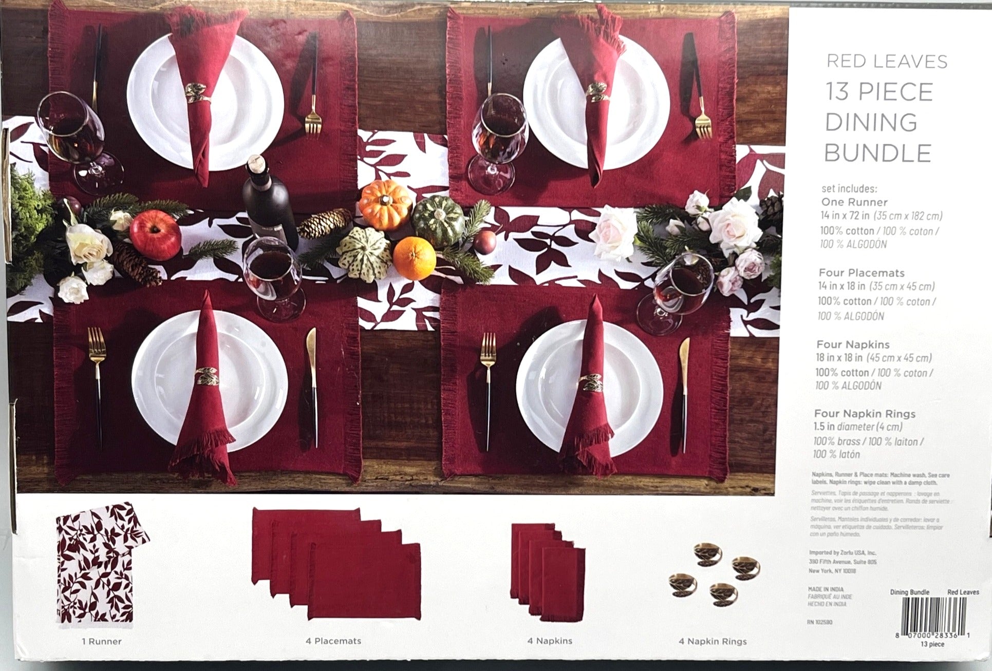 Brielle Home Red Leaves 13-Piece Dining Bundle With Burgundy and White Cotton Runner Placemats Napkins & Brass Rings