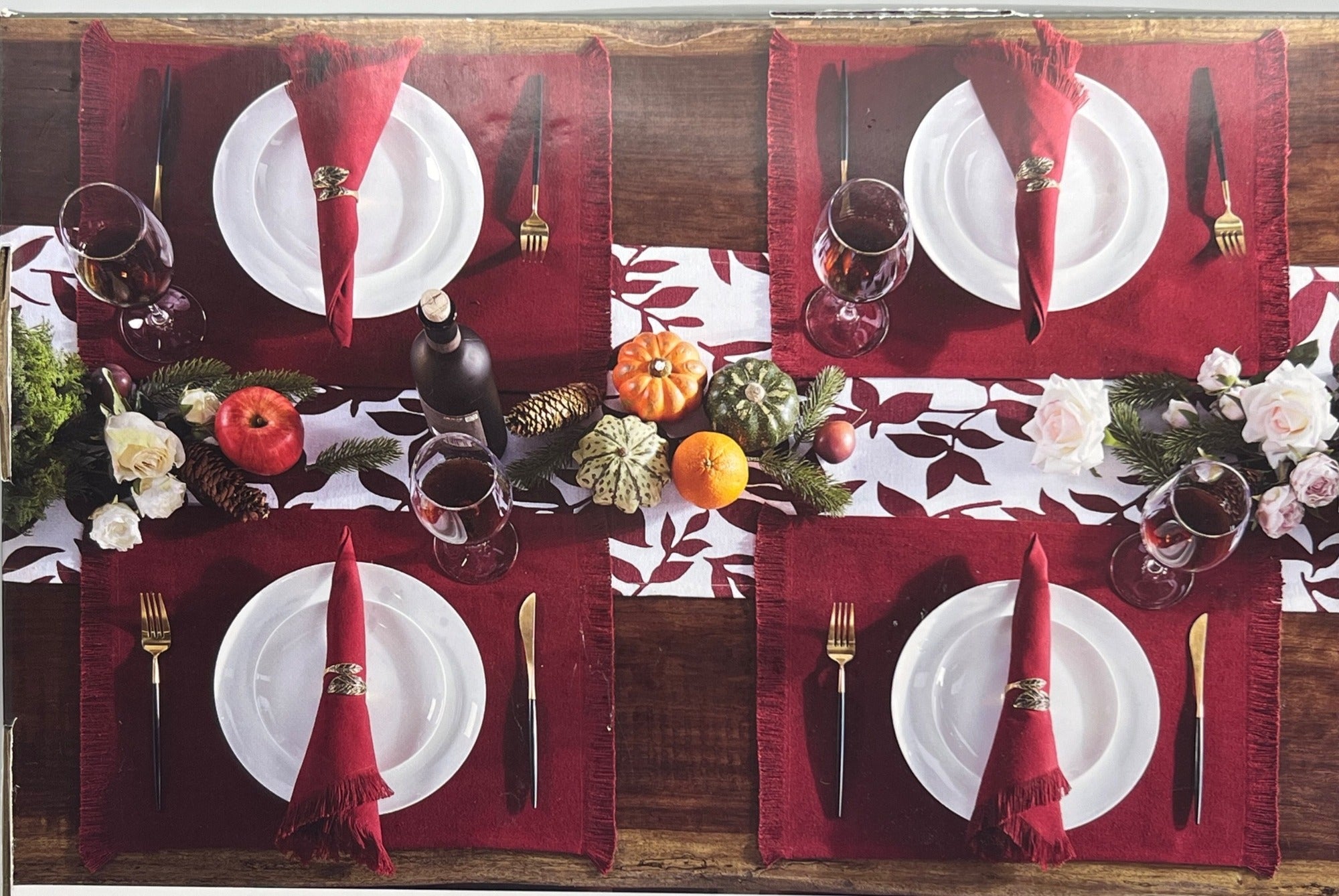 Brielle Home Red Leaves 13-Piece Dining Bundle With Burgundy and White Cotton Runner Placemats Napkins & Brass Rings