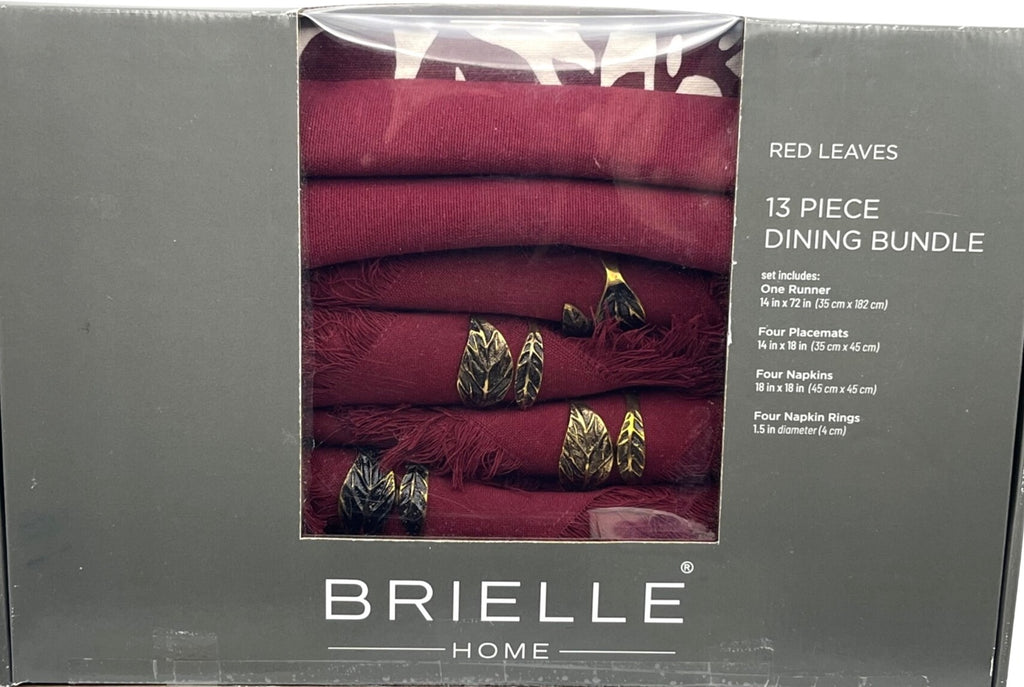 Brielle Home Red Leaves 13-Piece Dining Bundle With Burgundy and White Cotton Runner Placemats Napkins & Brass Rings