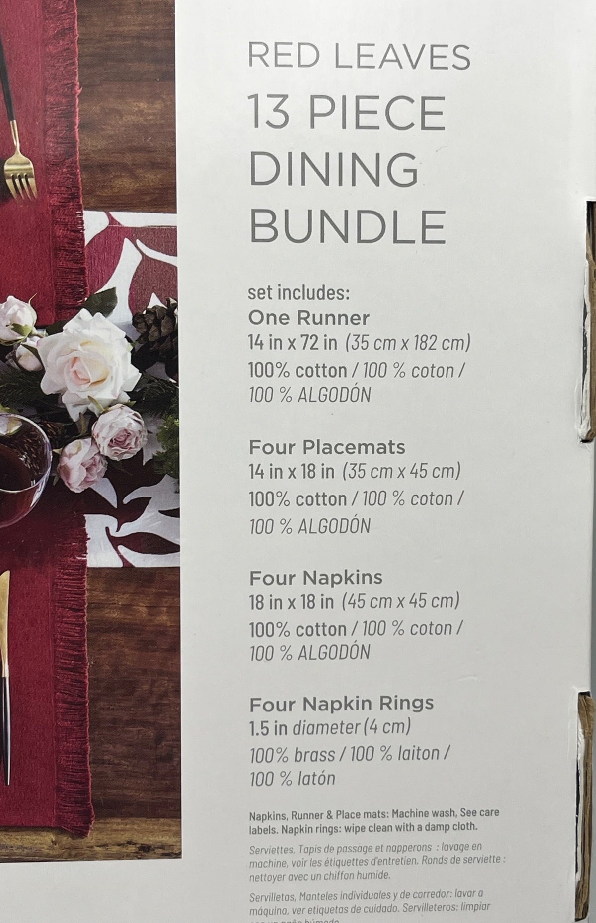 Brielle Home Red Leaves 13-Piece Dining Bundle With Burgundy and White Cotton Runner Placemats Napkins & Brass Rings