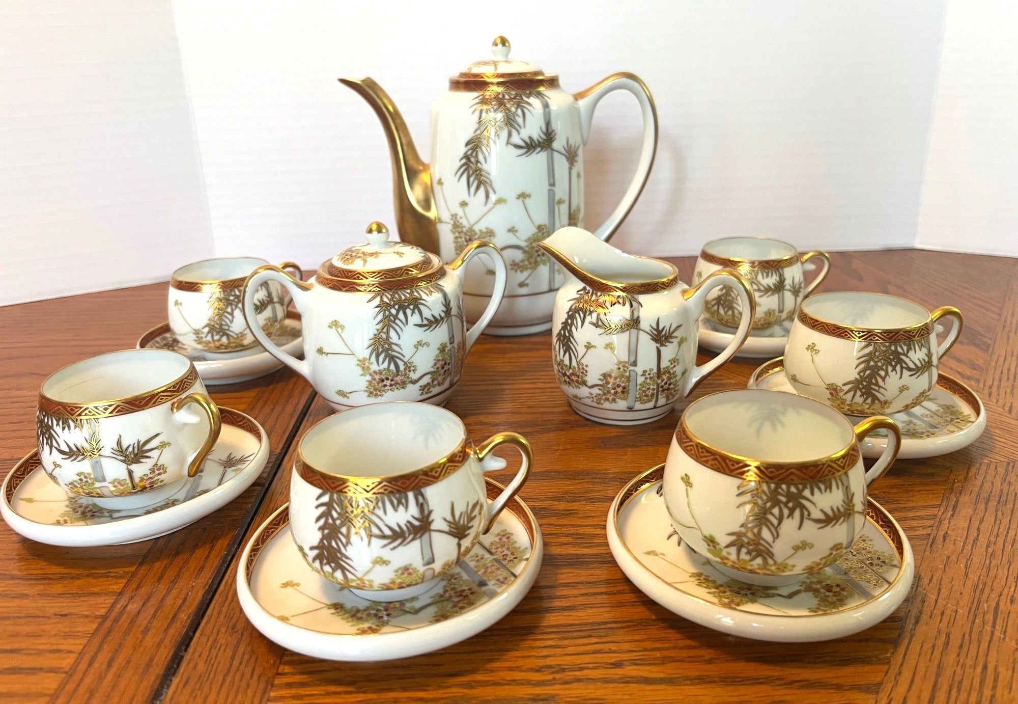 Vintage Kutani Japanese Gold Bamboo Porcelain Tea Set With Teapot Sugar Bowl Creamer 5 Cups & Saucers