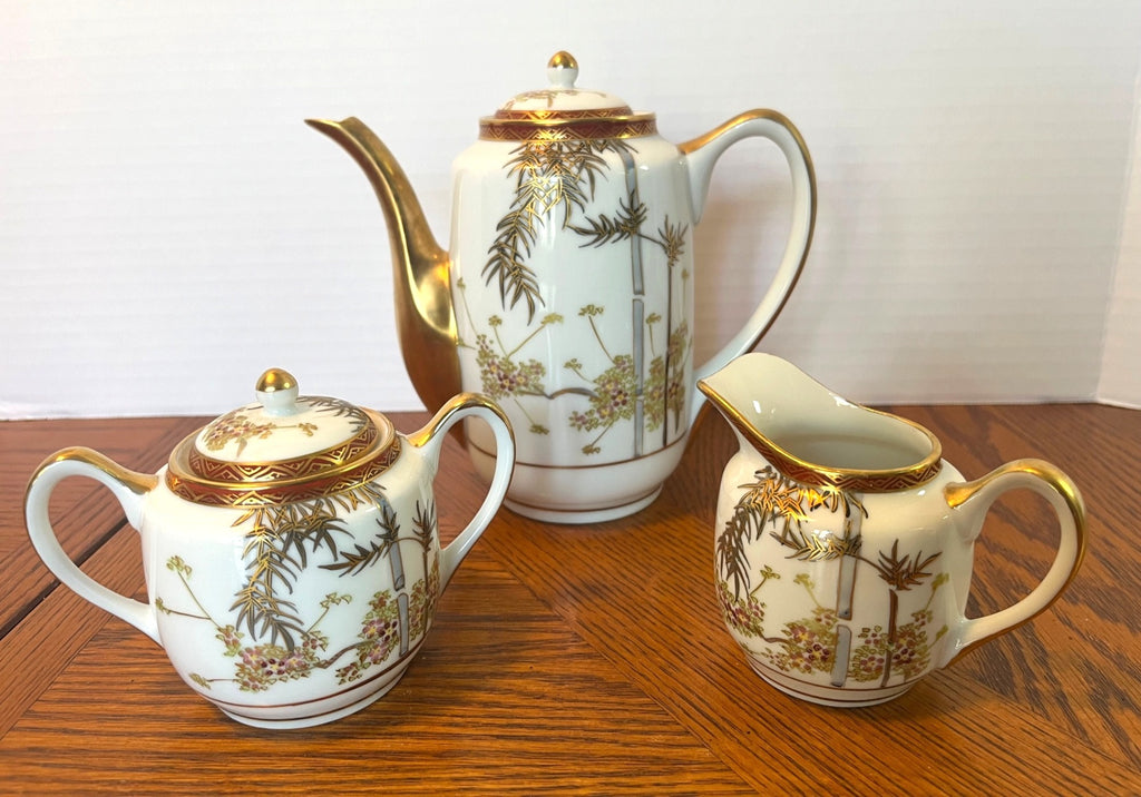 Vintage Kutani Japanese Gold Bamboo Porcelain Tea Set With Teapot Sugar Bowl Creamer 5 Cups & Saucers