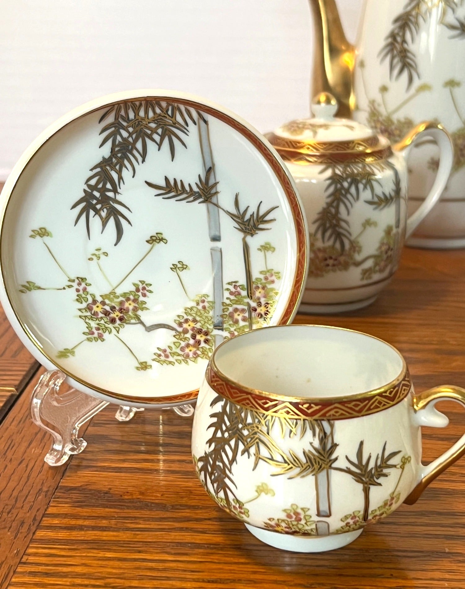 Vintage Kutani Japanese Gold Bamboo Porcelain Tea Set With Teapot Sugar Bowl Creamer 5 Cups & Saucers