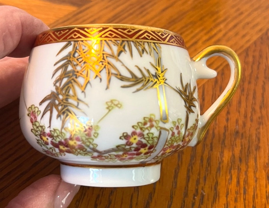 Vintage Kutani Japanese Gold Bamboo Porcelain Tea Set With Teapot Sugar Bowl Creamer 5 Cups & Saucers
