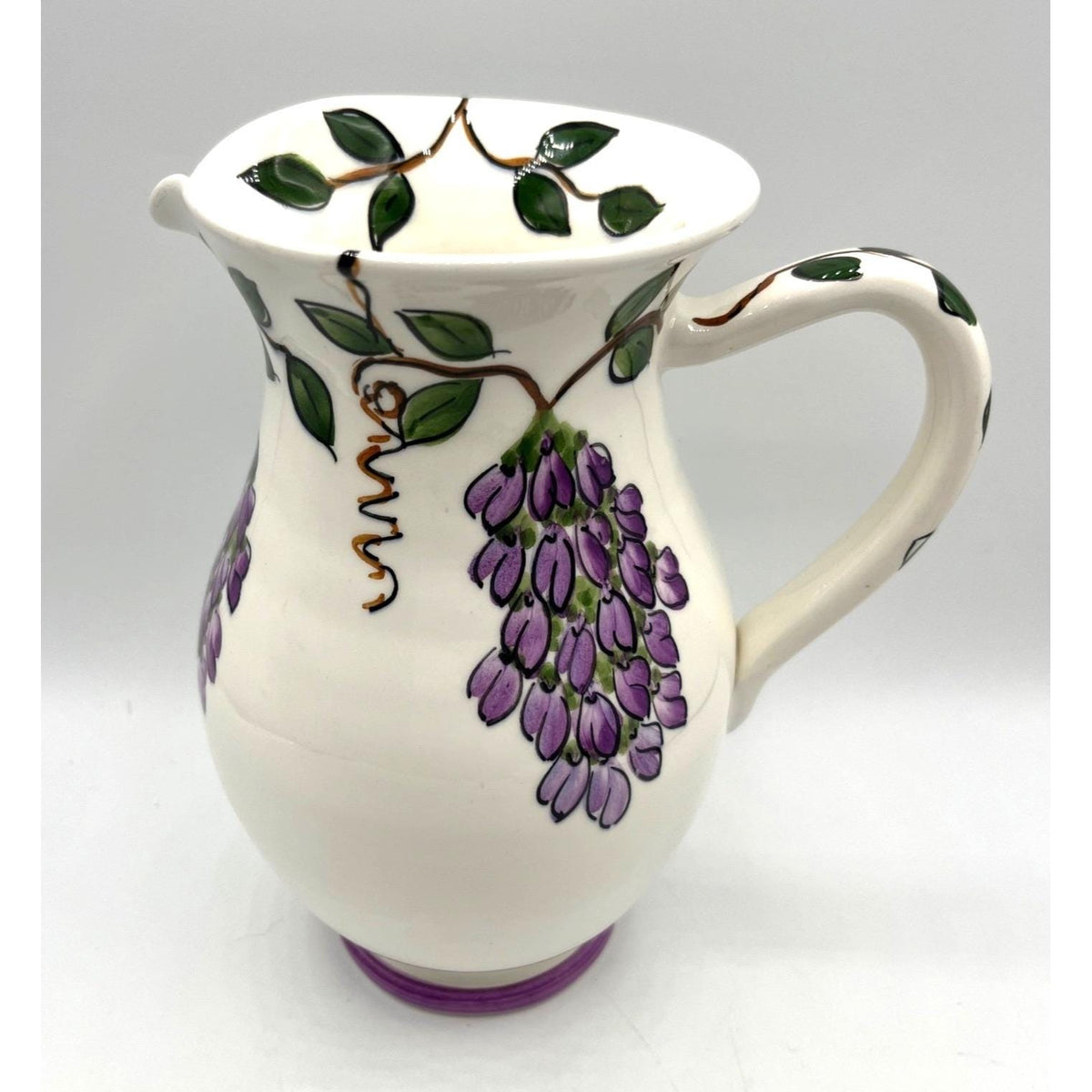 Greek Hand-Painted Ceramic Pitcher With Purple Grapes Design & Green Leaves Artist Signed 8.5" tall Small chip on Handle