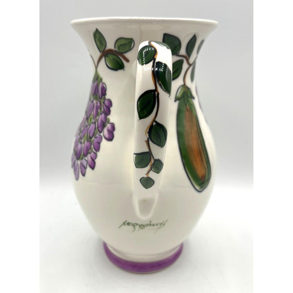 Greek Hand-Painted Ceramic Pitcher With Purple Grapes Design & Green Leaves Artist Signed 8.5" tall Small chip on Handle