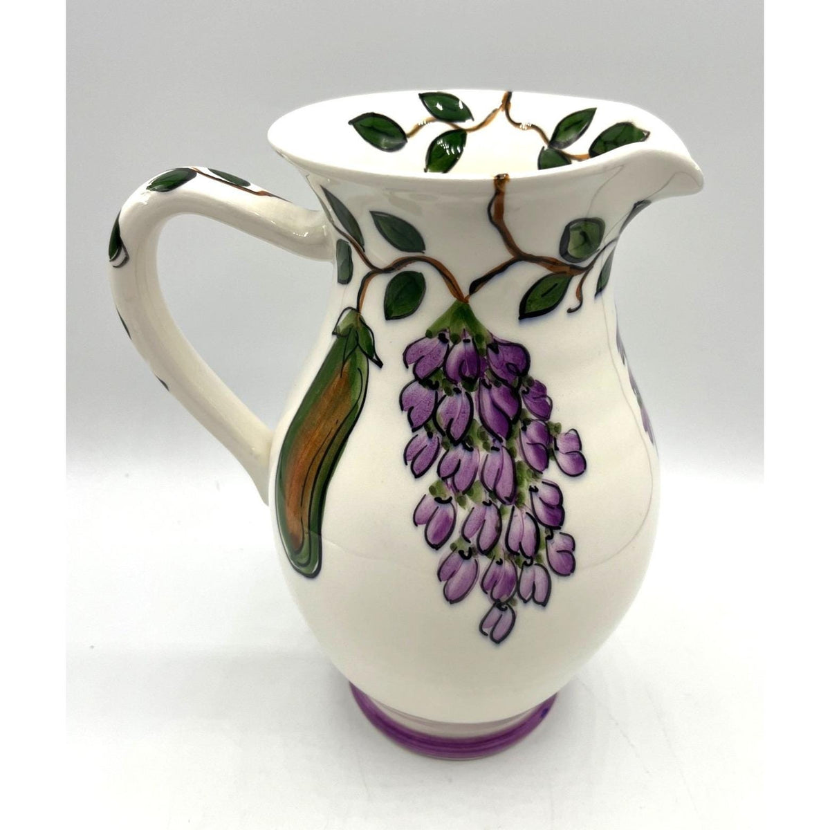 Greek Hand-Painted Ceramic Pitcher With Purple Grapes Design & Green Leaves Artist Signed 8.5" tall Small chip on Handle