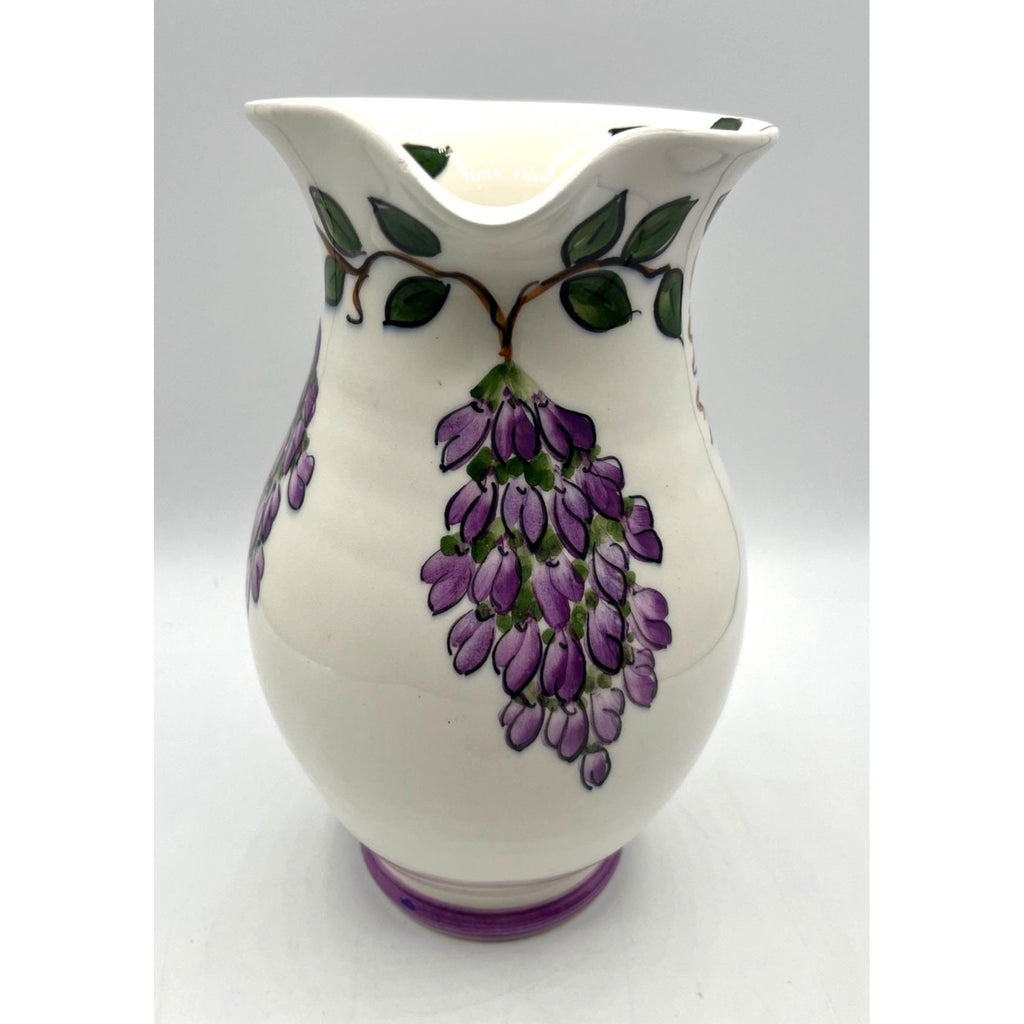 Greek Hand-Painted Ceramic Pitcher With Purple Grapes Design & Green Leaves Artist Signed 8.5" tall Small chip on Handle