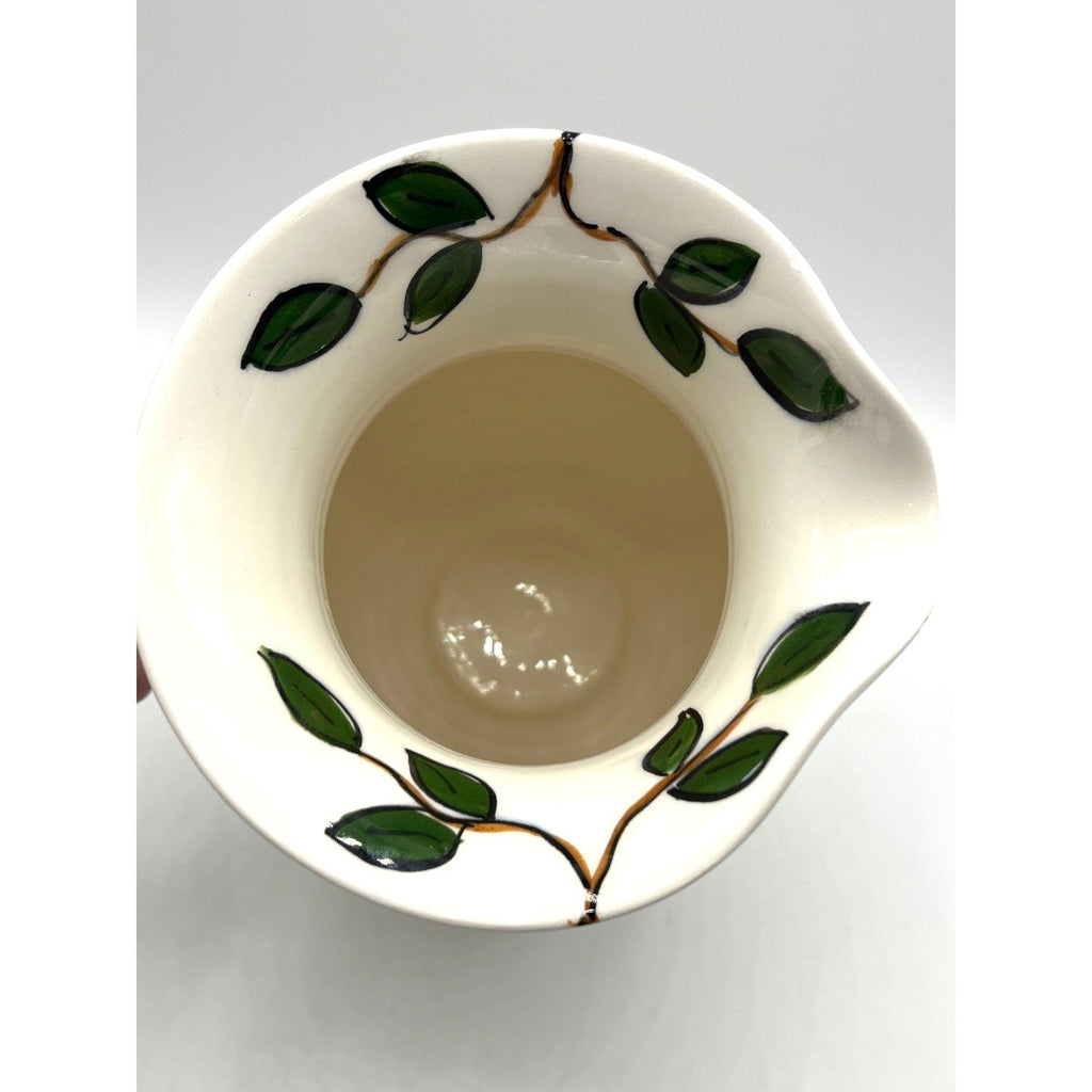 Greek Hand-Painted Ceramic Pitcher With Purple Grapes Design & Green Leaves Artist Signed 8.5" tall Small chip on Handle