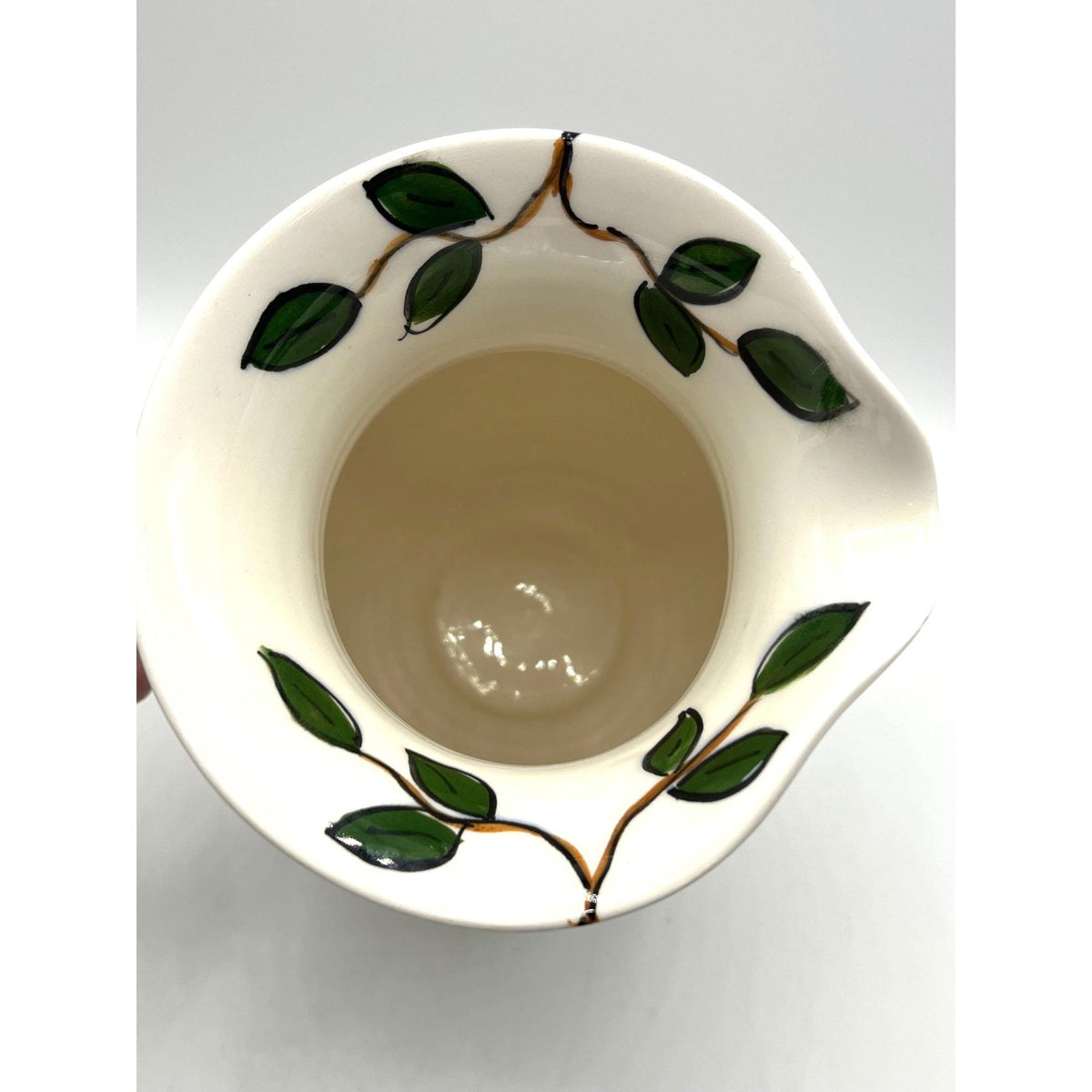 Greek Hand-Painted Ceramic Pitcher With Purple Grapes Design & Green Leaves Artist Signed 8.5" tall Small chip on Handle