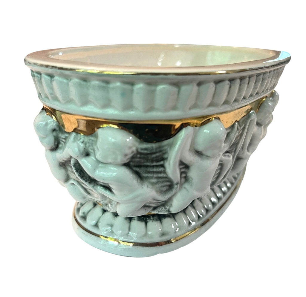 Vintage 24K Gold Plated White Ceramic Planter With Dimensional Cherubs Highly Detailed 9 x 5"