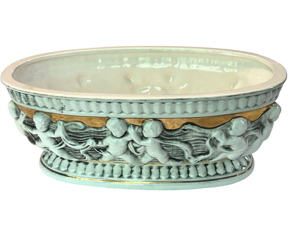 Vintage 24K Gold Plated White Ceramic Planter With Dimensional Cherubs Highly Detailed 9 x 5"