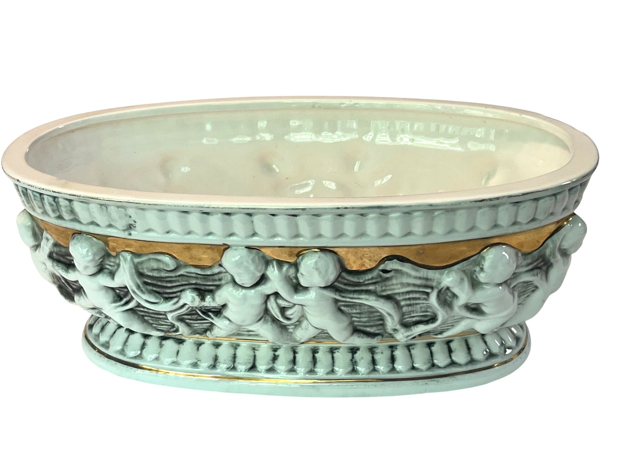 Vintage 24K Gold Plated White Ceramic Planter With Dimensional Cherubs Highly Detailed 9 x 5"