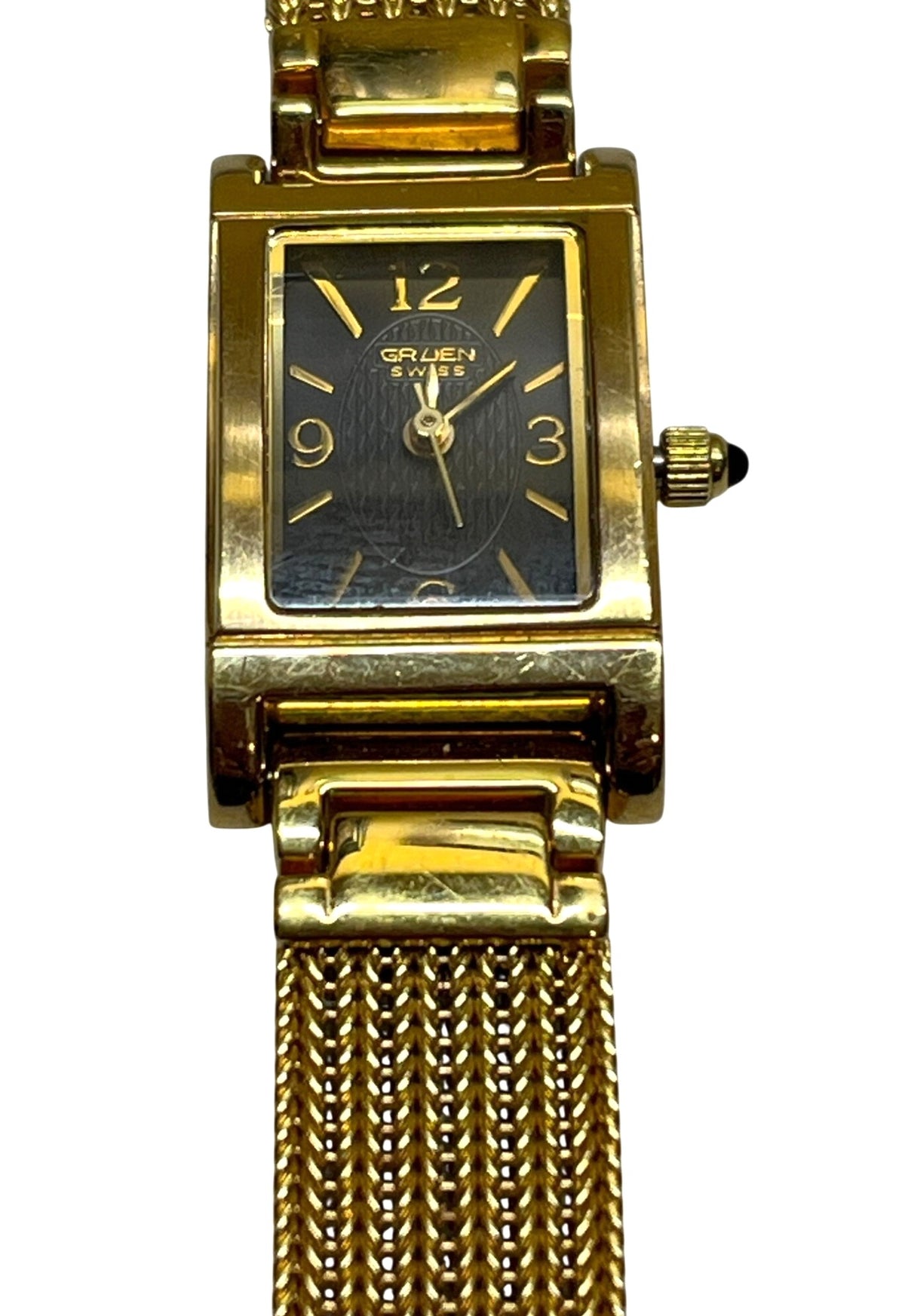 Vintage Gruen Swiss Gold-Tone Mesh Womens Watch Rectangular Face With Elegant Design Works New Battery Installed