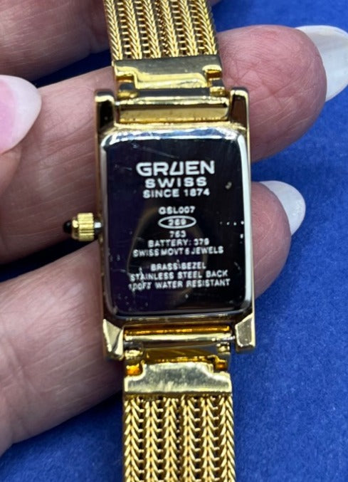 Vintage Gruen Swiss Gold-Tone Mesh Womens Watch Rectangular Face With Elegant Design Works New Battery Installed