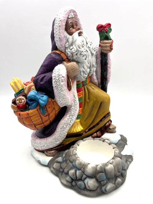 African American Santa Claus Figurine Tealight Candle Holder PartyLite Exclusive Purple Robe & Basket 8 inches Tall
