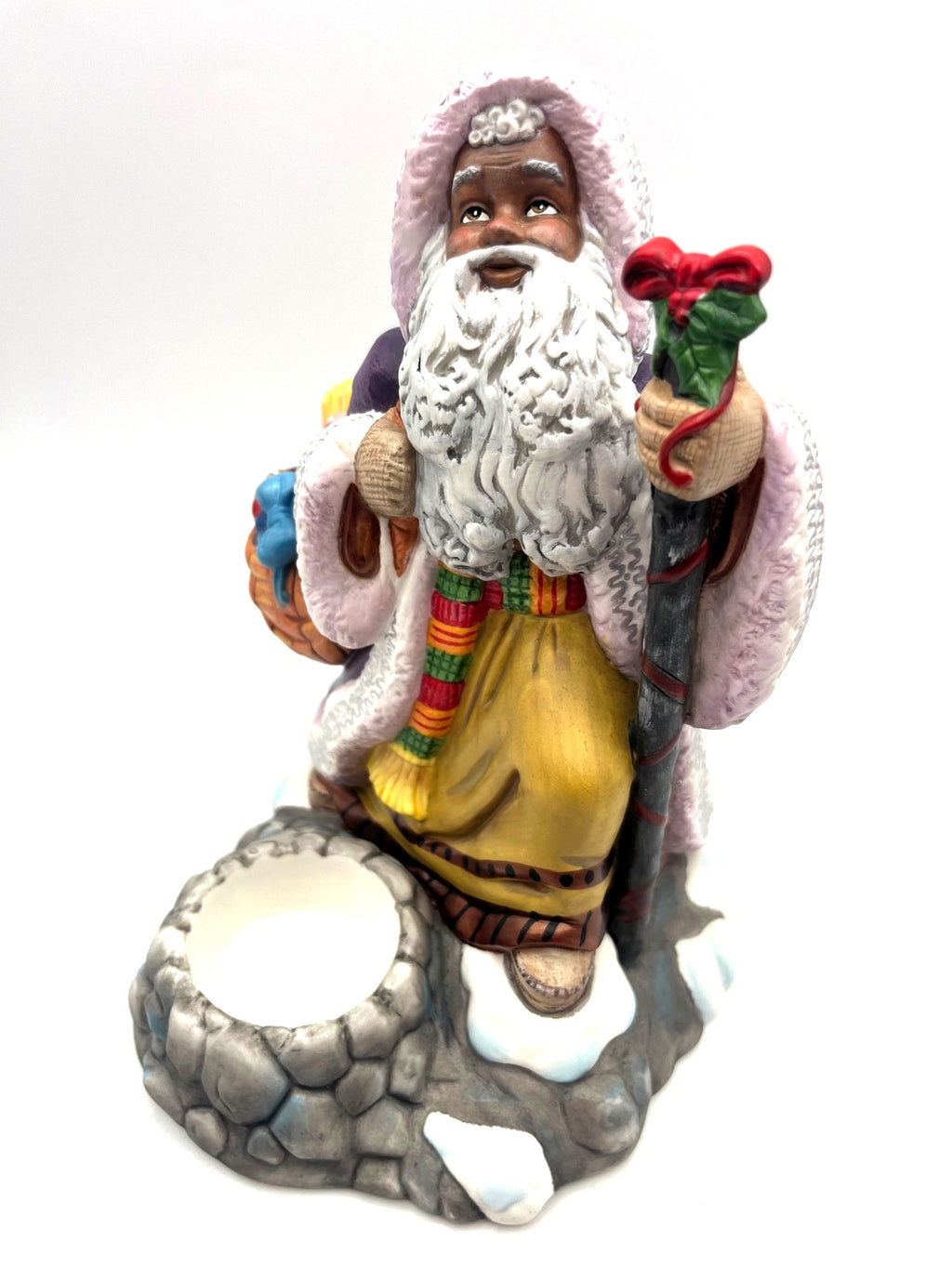 African American Santa Claus Figurine Tealight Candle Holder PartyLite Exclusive Purple Robe & Basket 8 inches Tall