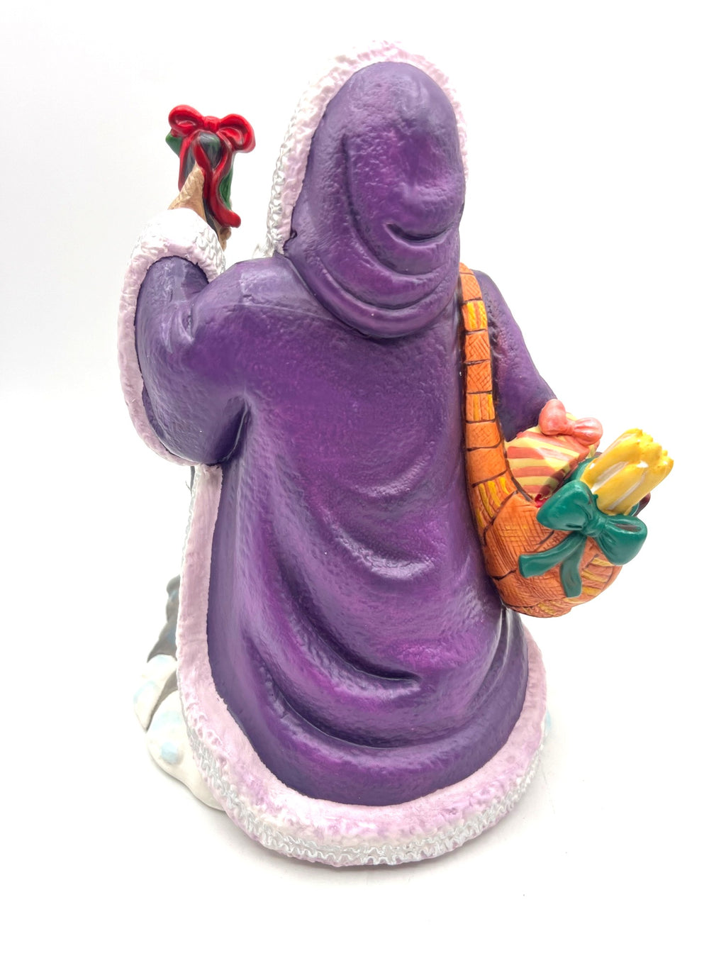 African American Santa Claus Figurine Tealight Candle Holder PartyLite Exclusive Purple Robe & Basket 8 inches Tall