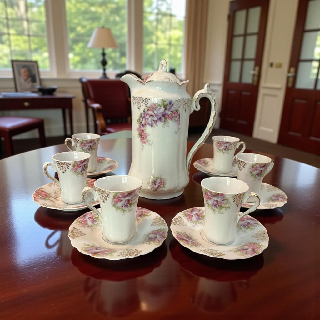 Antique J&C Malmaison France Porcelain Chocolate Pot With Lid and 6 Matching Cups Saucers Floral Design White Purple Pink w Gold Accents