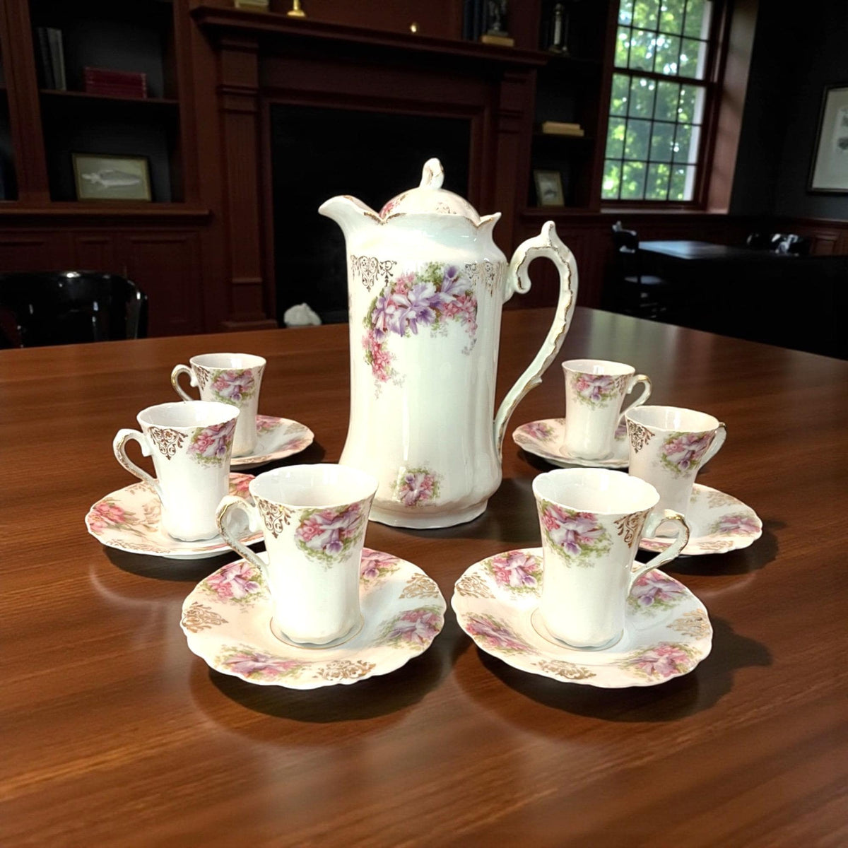 Antique J&C Malmaison France Porcelain Chocolate Pot With Lid and 6 Matching Cups Saucers Floral Design White Purple Pink w Gold Accents