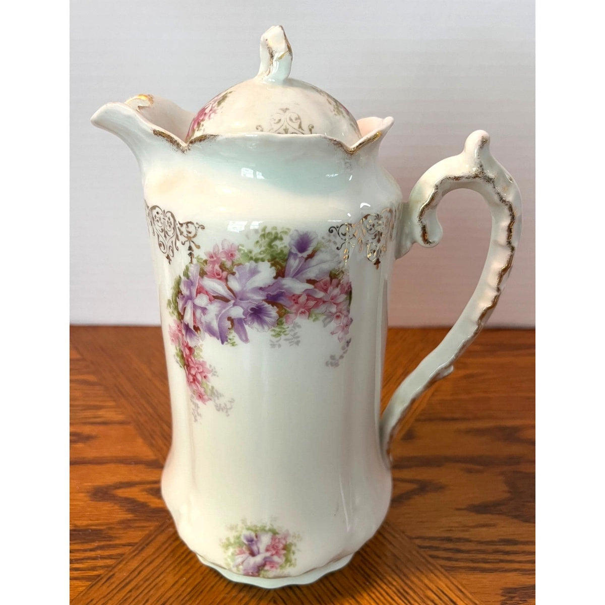 Antique J&C Malmaison France Porcelain Chocolate Pot With Lid and 6 Matching Cups Saucers Floral Design White Purple Pink w Gold Accents