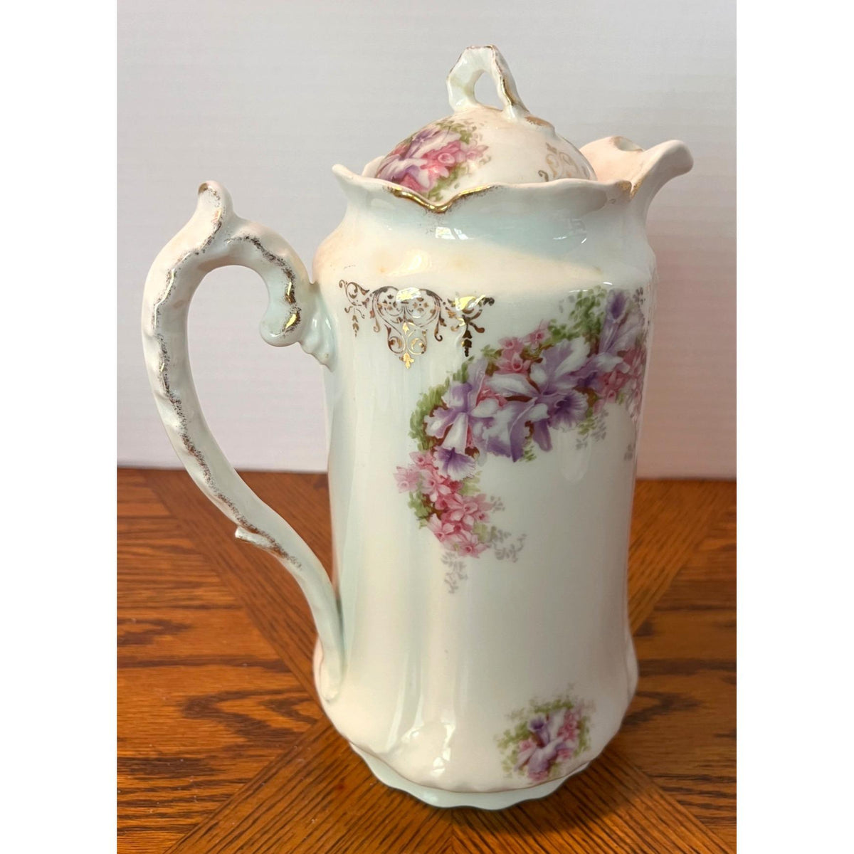 Antique J&C Malmaison France Porcelain Chocolate Pot With Lid and 6 Matching Cups Saucers Floral Design White Purple Pink w Gold Accents