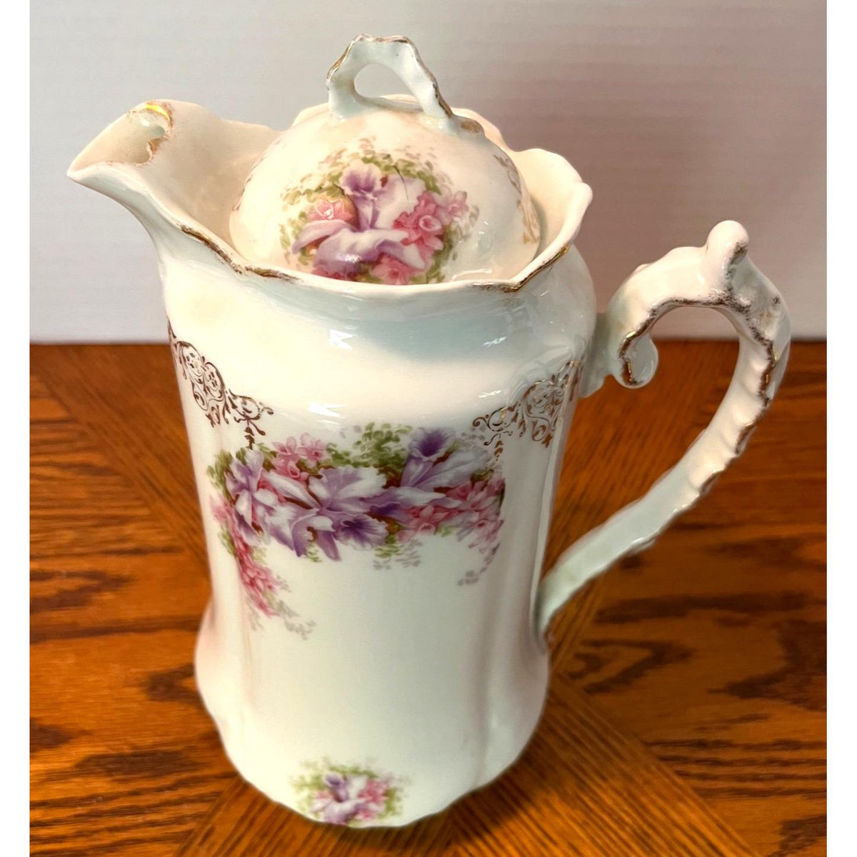 Antique J&C Malmaison France Porcelain Chocolate Pot With Lid and 6 Matching Cups Saucers Floral Design White Purple Pink w Gold Accents